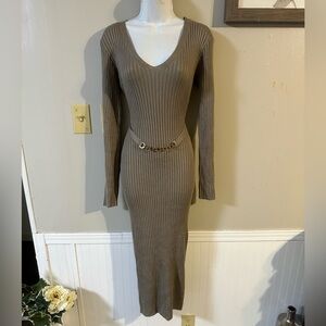 Fashion Nova Taupe Ribbed V-Neck Long Sleeve Midi Dress with Chain Accent